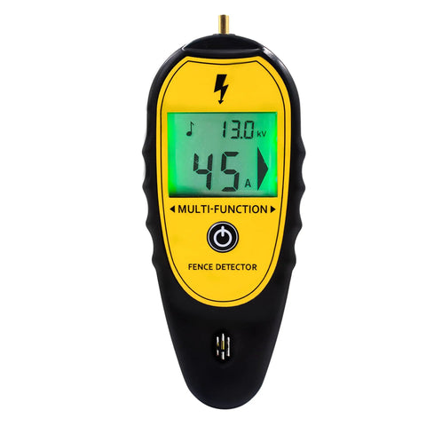 Backlit LCD Electric Fence Voltage Tester With Fault Finder, 200V To 15,000V Range, displaying voltage and current on screen.