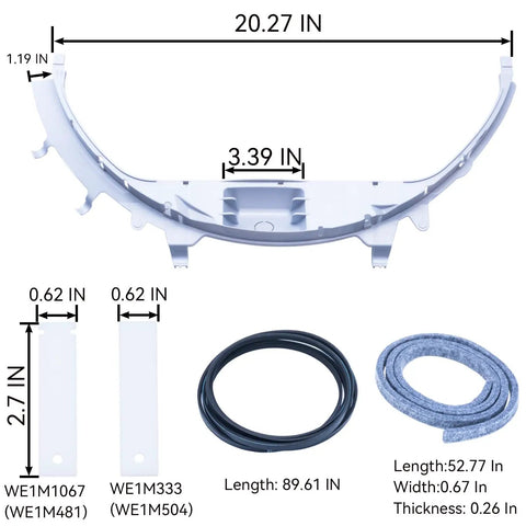 Dryer Drum Bearing Kit For Most Home Dryers, Quiet Replacement That Ends Squeaking And Grinding, Stops Black Marks From Worn Bearings And Slides, Easy DIY Install, Restores Quiet, Smooth, Efficient Drying Performance. Kit parts shown with measurements.