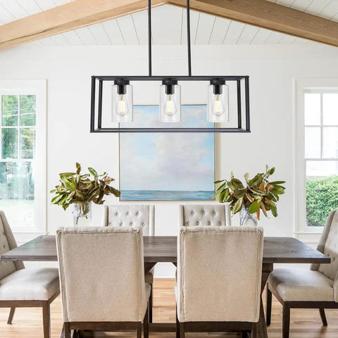 Black Dope 3 Light Modern Dining Pendant Lights For Kitchen Island Cage Linear Hanging Fixture With Glass Shade in dining room