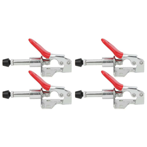 Beefy 45 Kg Toggle Clamp With Fixed Lock For Woodworking And Welding Push Pull Action, set of four clamps with red handles.