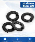 Half Inch Split Lock Washer 304 Stainless Steel 18 8 Spring Lock Washer For Bolts And Nuts Black Finish Pack Of 25 Built Tough Corrosion Resistant For Automotive Machinery Equipment, four washers on white background