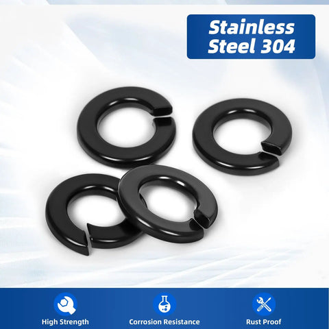 Half Inch Split Lock Washer 304 Stainless Steel 18 8 Spring Lock Washer For Bolts And Nuts Black Finish Pack Of 25 Built Tough Corrosion Resistant For Automotive Machinery Equipment, four washers on white background