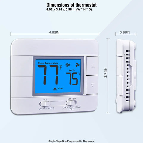 Digital Non Programmable Thermostat For Home 1 Heat 1 Cool Single Stage System With Temperature Humidity Monitor And Large Blue LCD Display, front and side view with dimensions.
