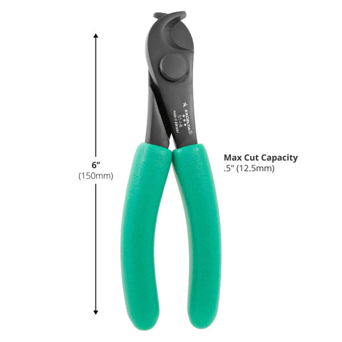 Pro Grade Heavy Duty Precision Cable And Tubing Cutter Up To 0.5 Inch Diameter 6 Inch Chrome Plated Carbon Steel Tool With Cushioned Anti Static Grip, shown with 6-inch length and max cut capacity.