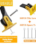 Tile Leveling System Kit With 1/8 Inch Spacers, Reusable 50 Pcs Leveler Tools, steel T-pins, adjustable design, close-up view
