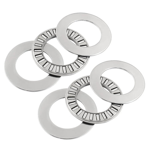 Front view of six stainless steel thrust needle roller bearing washers, 1.25 in outer diameter