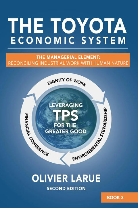Book cover: The Toyota Economic System by Olivier Larue, blue gradient with orange subtitle banner