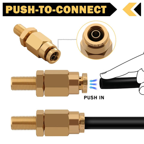 Brass 1/4-inch inflation Schrader valve with push-to-connect for air line tubing (semi-truck air suspension).