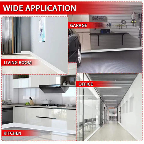 Vinyl Wall Baseboard Molding 4 Inch Peel And Stick Self Adhesive White 40 Feet Flexible Rubber Trim For Easy DIY Install shown in various rooms like living room, garage, kitchen, and office.