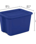 Built Tough 18 Gallon Blue Plastic Storage Tote Bin Featuring A Secure Snap On Lid for easy storage measurements and dimensions.