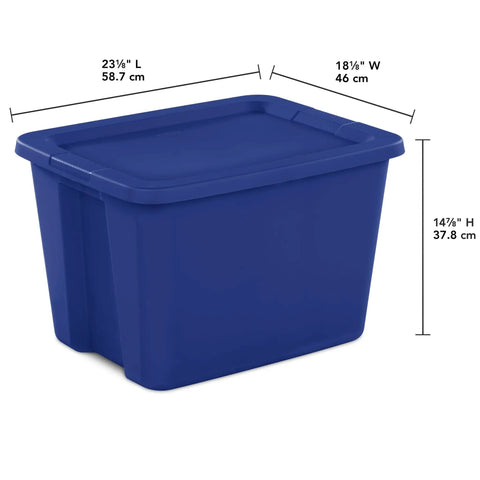 Built Tough 18 Gallon Blue Plastic Storage Tote Bin Featuring A Secure Snap On Lid for easy storage measurements and dimensions.