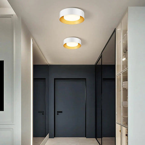 Modern Flush Mount Ceiling Light Fixture 12.5 Inch Round Close To Ceiling White And Gold Metal Minimalist Design in hallway