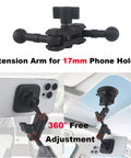17mm Ball Mount Extension Arm With Double Socket For Garmin GPS And Vehicle Phone Holder 360 Degree Swivel Aluminum Mount Fits Car Dash Windshield Suction Cup And Air Vent Durable For GPS And Camera, black aluminum arm on phone and GPS mount