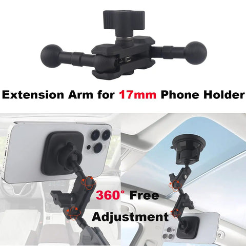 17mm Ball Mount Extension Arm With Double Socket For Garmin GPS And Vehicle Phone Holder 360 Degree Swivel Aluminum Mount Fits Car Dash Windshield Suction Cup And Air Vent Durable For GPS And Camera, black aluminum arm on phone and GPS mount