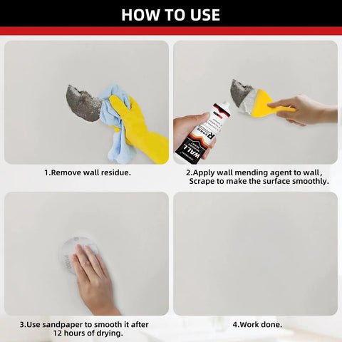 Step-by-step guide showing how to use All In One Drywall Repair Kit For Quick Holes And Cracks Patch Putty For Walls Nail Hole Filler.