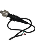 Front view of stainless steel oil and fuel pressure sensor transducer with 1/8-27 NPT thread 0-100 psi range and connector included.