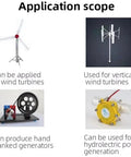 Application scope of 24V 50W Micro Core Disc Generator for wind turbines, vertical turbines, hand cranks, and hydro power.
