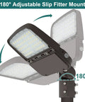 LED Parking Lot Light 150W, 100W, 75W Adjustable 180° Slip Fitter Mount illustrated with rotation angles