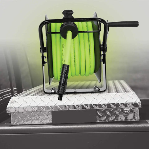 Portable Manual Open Face Air Hose Reel For Easy Winding No-Tangle 3/8 Inch By 50 Feet Heavy Duty Yet Lightweight Hybrid Construction In ZillaGreen