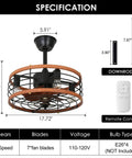 Caged Ceiling Fan With Light 21 Inch Rustic Dope Flush Mount With Remote, 3 Speeds, Low Profile Modern Ceiling Fixture Dimensions