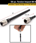 Beefy Flex Torsion Impact Bit Set, 50 Piece Kit for Drill Drivers, includes two hex bit holders, shown in 6-inch and 2.5-inch sizes.