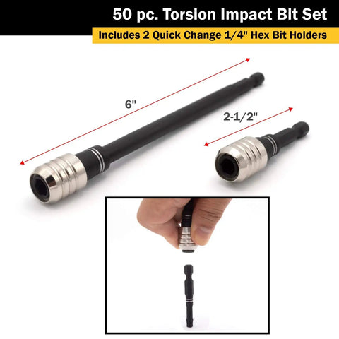 Beefy Flex Torsion Impact Bit Set, 50 Piece Kit for Drill Drivers, includes two hex bit holders, shown in 6-inch and 2.5-inch sizes.