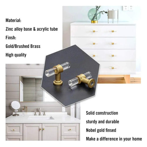 15 Pack Clear Acrylic Dresser Knobs With Gold Brass Tone Zinc Alloy Bases For Bathroom And Cabinet Drawers, 2 Inch Length, Mounting Screws Included, Modern Easy Install Hardware PH9165GD displayed on dresser and cabinet.