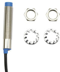 Five Pack LJ12A3-4-Z/AY Inductive Proximity Sensor Switch Must-Have 4mm Detection Range, 3-Wire Brown Blue Black, DC 6-36V, PNP NC Output, Metal Cylinder Shell, Heavy-Duty Plug-and-Play Sensor for Automation and Machinery. Cylindrical metal sensor with mounting nuts and lock washers.