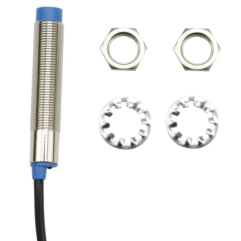 Five Pack LJ12A3-4-Z/AY Inductive Proximity Sensor Switch Must-Have 4mm Detection Range, 3-Wire Brown Blue Black, DC 6-36V, PNP NC Output, Metal Cylinder Shell, Heavy-Duty Plug-and-Play Sensor for Automation and Machinery. Cylindrical metal sensor with mounting nuts and lock washers.