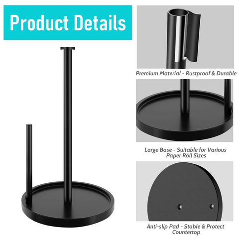 Stainless Steel Freestanding Paper Towel Holder For Countertop, Black Rack With Anti Slip Weighted Base, Effortless One Hand Tear Design Keeps Kitchen Looking Fresh, large base and rustproof material.