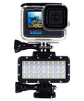 Ultra Bright Waterproof Dimmable Underwater LED Light For GoPro Hero And DJI Osmo Action, 147ft Depth mounted on GoPro