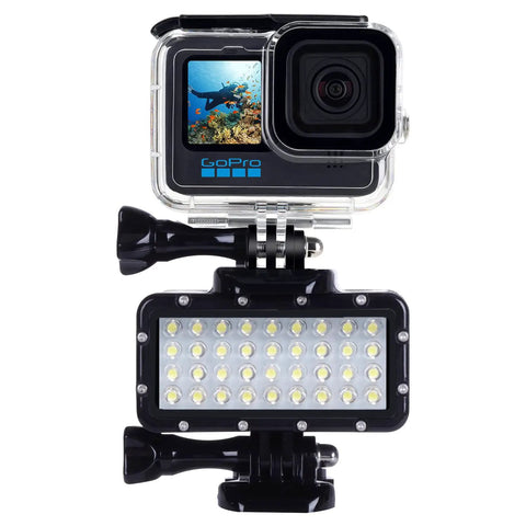Ultra Bright Waterproof Dimmable Underwater LED Light For GoPro Hero And DJI Osmo Action, 147ft Depth mounted on GoPro