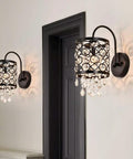 Crystal Wall Sconce Set Of 2 Indoor Wall Lamps With Lattice Drum Shade For Bedroom Bedside Living Room Black Finish Durable Solid Metal
