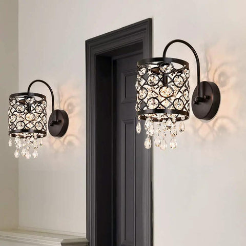 Crystal Wall Sconce Set Of 2 Indoor Wall Lamps With Lattice Drum Shade For Bedroom Bedside Living Room Black Finish Durable Solid Metal