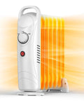 700W Portable Oil Radiator Heater For Small Rooms And Desks, Silent Office Space Heater With Overheat Protection is turned on, glowing.