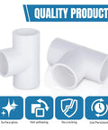 Three Way PVC Tee Fittings 3/4 Inch Furniture Grade Connectors, smooth white surface, pack of 12, shown with durability icons