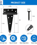 Heavy Duty Six Inch T Strap Gate Hinges Black Six Pack With Complete Hardware Set For Quick Install dimensions and features.