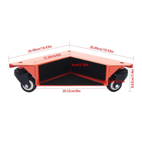 Heavy Duty Furniture Dolly Set Of 4 For Moving Appliances And Heavy Gear With Triangular Steel Frame and smooth polyurethane wheels, dimensions shown.