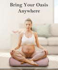 Rectangular Yoga Bolster Set With Carry Handle And 8 Foot Strap Restorative Soft Meditation Pillow Durable 38D Foam Filling Machine Washable Cover Great For Deep Stretchin And Safe Cushioned Support. Pregnant woman meditating on purple bolster
