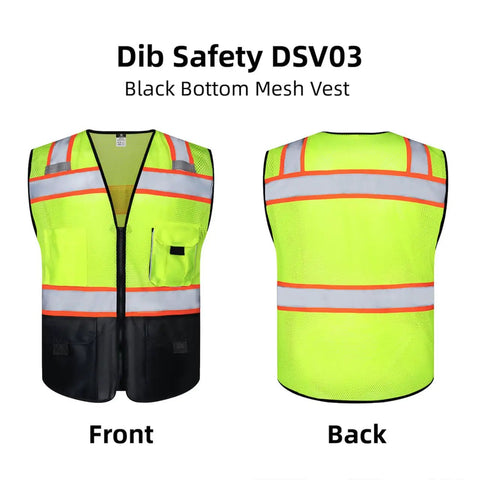 High Visibility Reflective Safety Vest With Pockets And Zipper, ANSI Class 2 Mesh, 3M Reflective Tape, Yellow And Black, Large