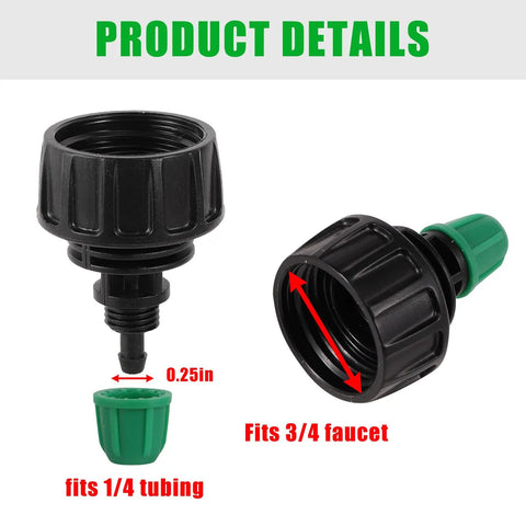 Garden Hose Adapter 3/4 To 1/4 Inch Drip Irrigation Tubing Connectors With Lock Barbed Design, GHT Thread, size details