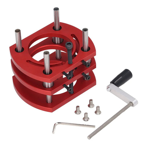 Premium Professional Manual Router Table Lifting System With Heavy Duty Aluminum Alloy Top Plate, red lift base with adjustment handle and screws.