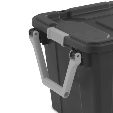 Close-up of handle and locking lid on Beefy 40 Gallon Storage Bin On Wheels With Locking Lid Resin Plastic Toolbox For Garage