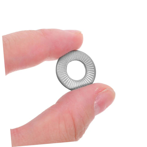 M6 Conical Spring Lock Washers In 304 Stainless Steel Built Tough Industrial Fasteners, held between two fingers.