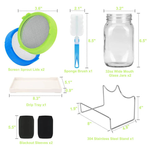 Sprouting Kit for Home Grown Sprouts No Fuss Two Wide Mouth Mason Jars 1000ml Capacity Stainless Steel Sprout Lids set components