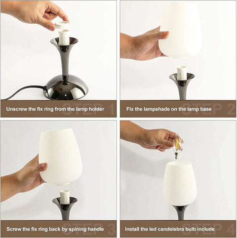 Assembly steps for Set of 2 Space Saving Small Touch Bedside Table Lamps, 3 Way Dimmable With White Opal Glass Shades, Plug In Nightstand Lamps For Bedroom, Modern Minimalist Design, E12 Bulbs Included