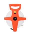 Tape Measure Half Inch By Three Hundred Thirty Feet Open Reel Dual Sided Fiberglass Measuring Tape with orange ergonomic grip