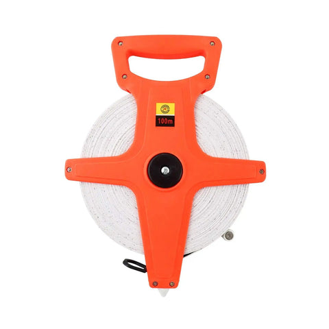 Tape Measure Half Inch By Three Hundred Thirty Feet Open Reel Dual Sided Fiberglass Measuring Tape with orange ergonomic grip