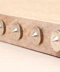 Pro Grade 6pc Dowel Pin Center Set For Precise Alignment In Woodworking And Joinery, chrome plated steel plugs on wood