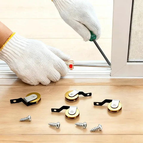 Installing Four Pack Heavy Duty Steel Sliding Screen Door Rollers Replacement With Precision Ball Bearing Wheels on track.